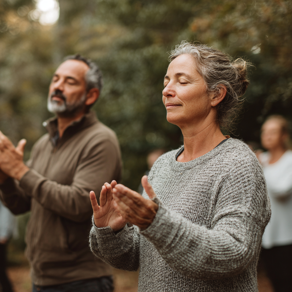 Mature European woman in her 50s smiling peacefully during yoga practice, showing grace and contentment in natural outdoor setting